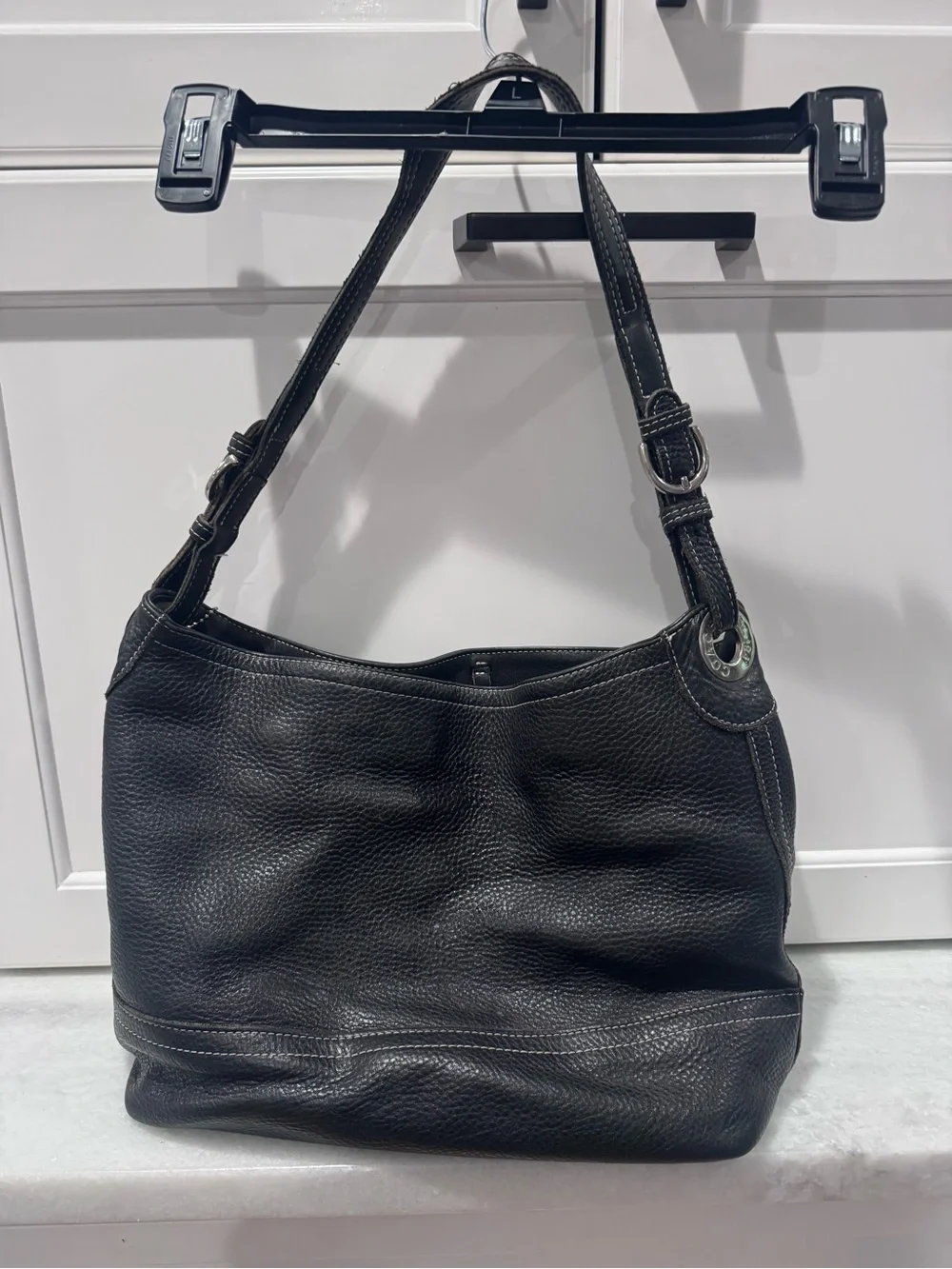 Black Leather Shoulder Bag with Contrast Stitching by Coach